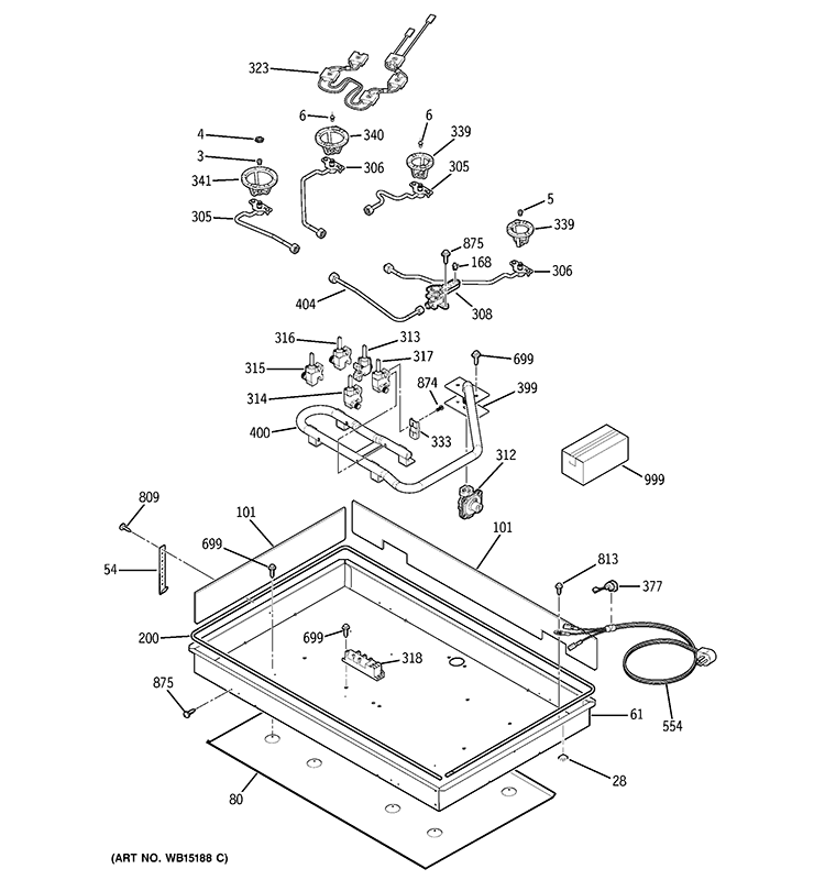 GAS & BURNER PARTS Diagram and Parts List for PGP966SET1SS  General Electric Cooktop