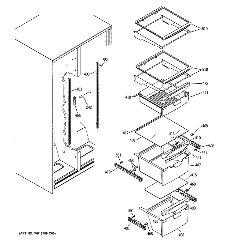FRESH FOOD SHELVES Diagram and Parts List for GSL22JFXPLB  General Electric Refrigerator