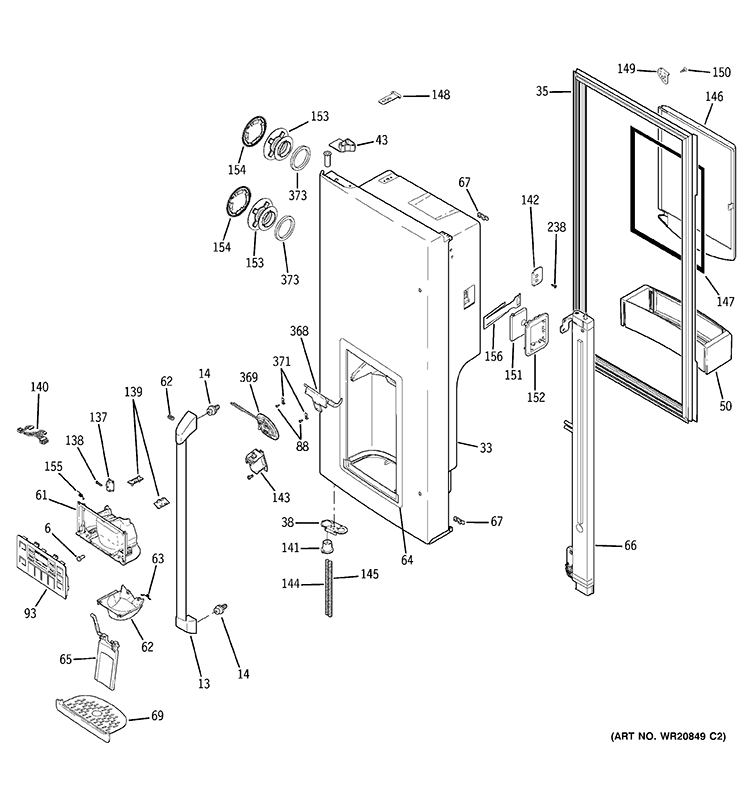 DISPENSER DOOR Diagram and Parts List for CFCP1RKBA SS  General Electric Refrigerator