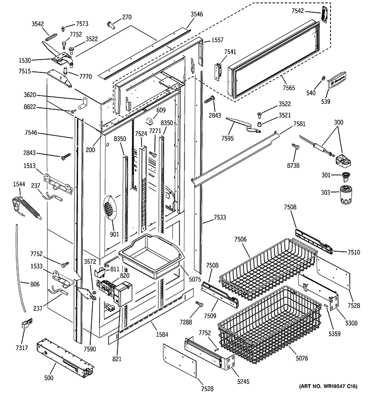 FREEZER SECTION, TRIM & COMPONENTS Diagram and Parts List for ZICP360SLFSS  General Electric Refrigerator