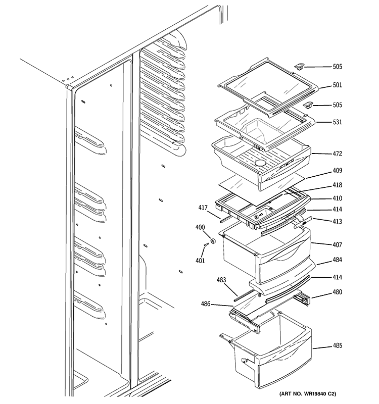 FRESH FOOD SHELVES Diagram and Parts List for GSHS6HGDBCSS  General Electric Refrigerator