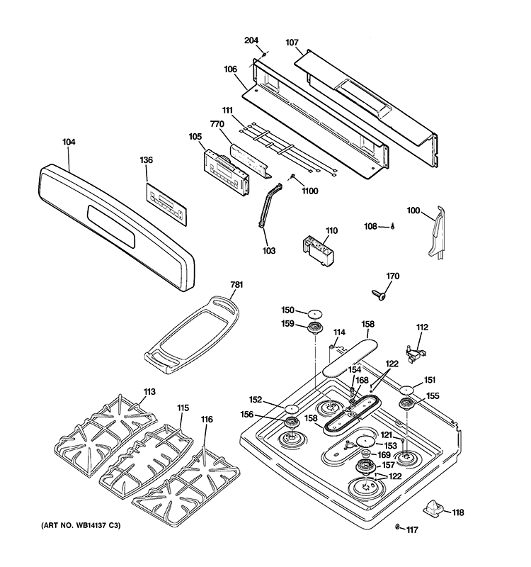 CONTROL PANEL & COOKTOP Diagram and Parts List for JGB500DEP2WW  General Electric Range
