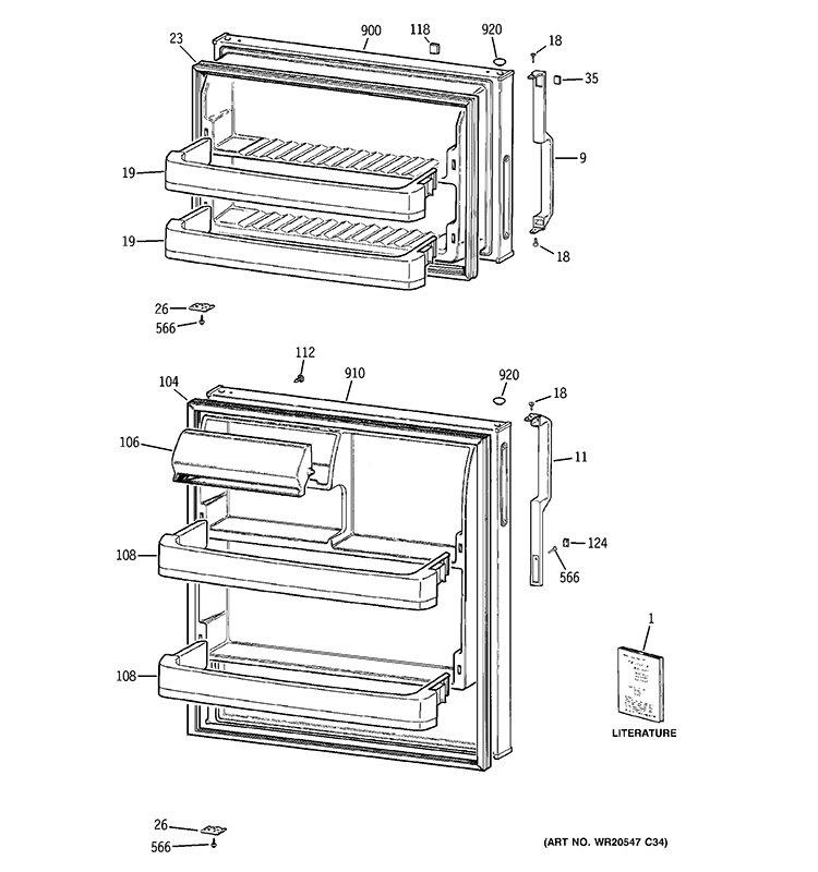 DOORS Diagram and Parts List for GTE16CBCBRWW  General Electric Refrigerator