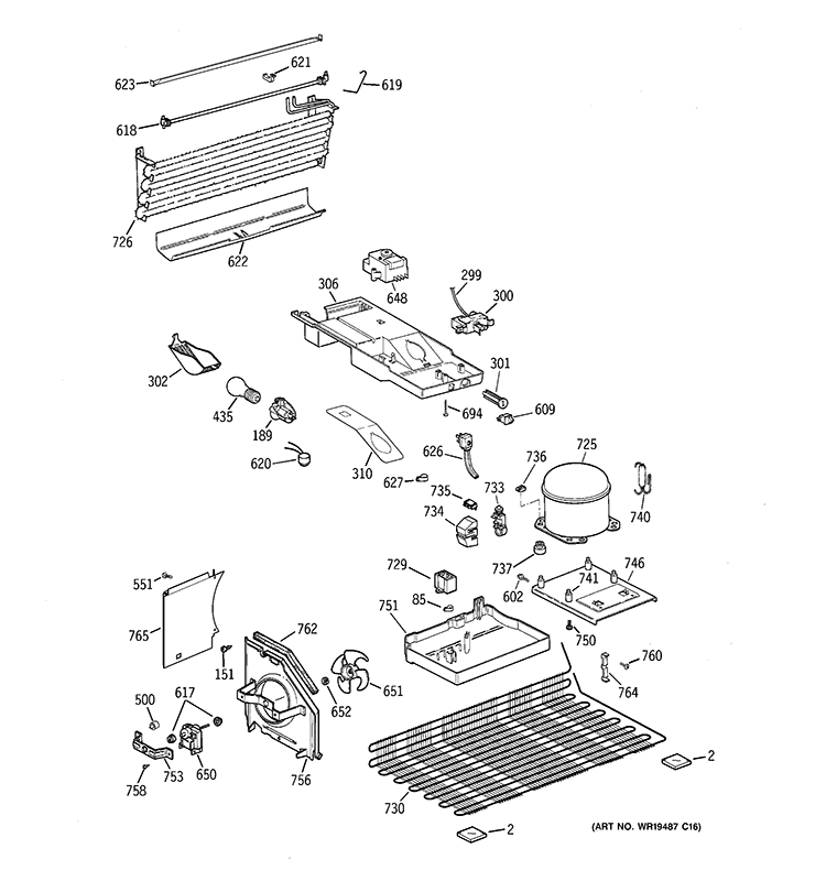 UNIT PARTS Diagram and Parts List for GTE16CBCBRWW  General Electric Refrigerator