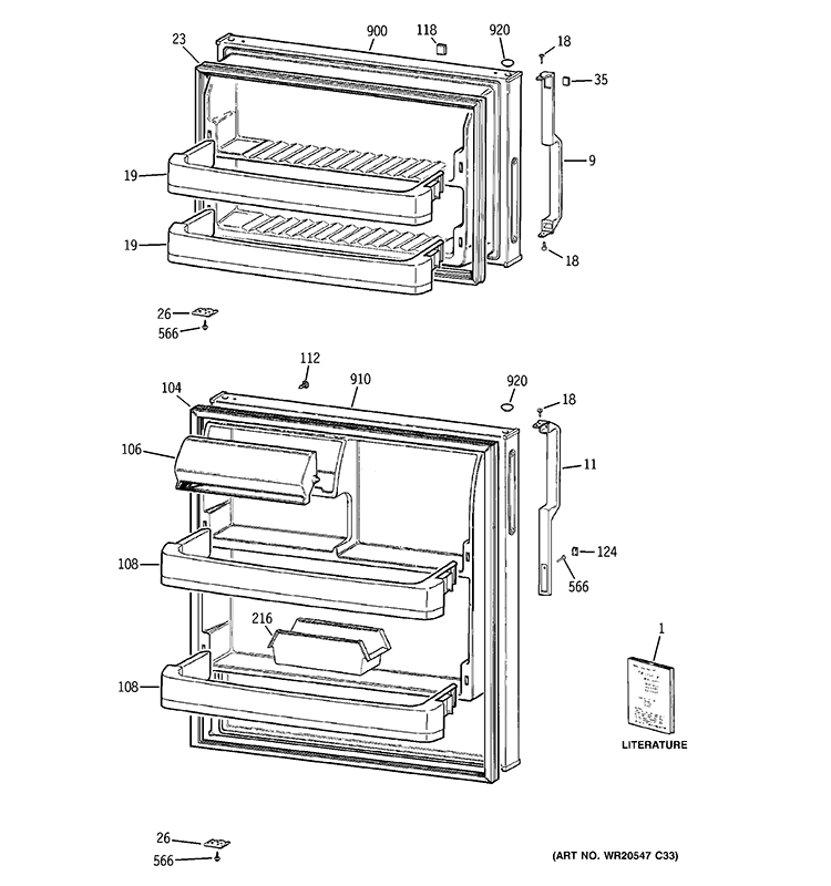 DOORS Diagram and Parts List for GTE17DBCBRWW  General Electric Refrigerator