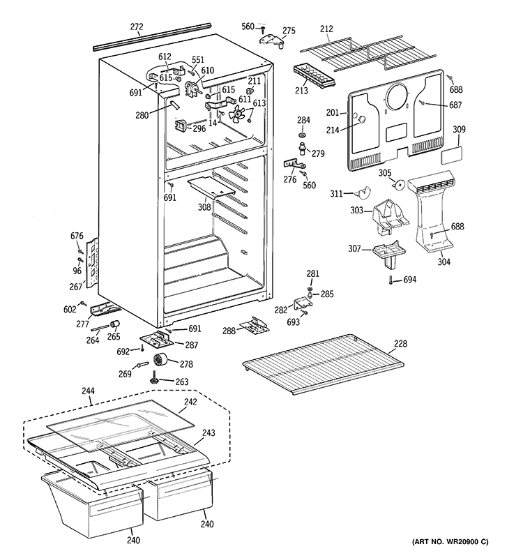 CABINET Diagram and Parts List for GTE17DBCBRWW  General Electric Refrigerator