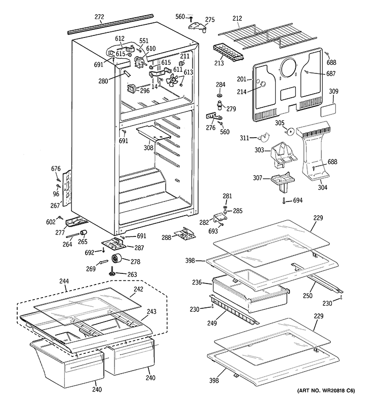CABINET Diagram and Parts List for GTE17GBCBRWW  General Electric Refrigerator