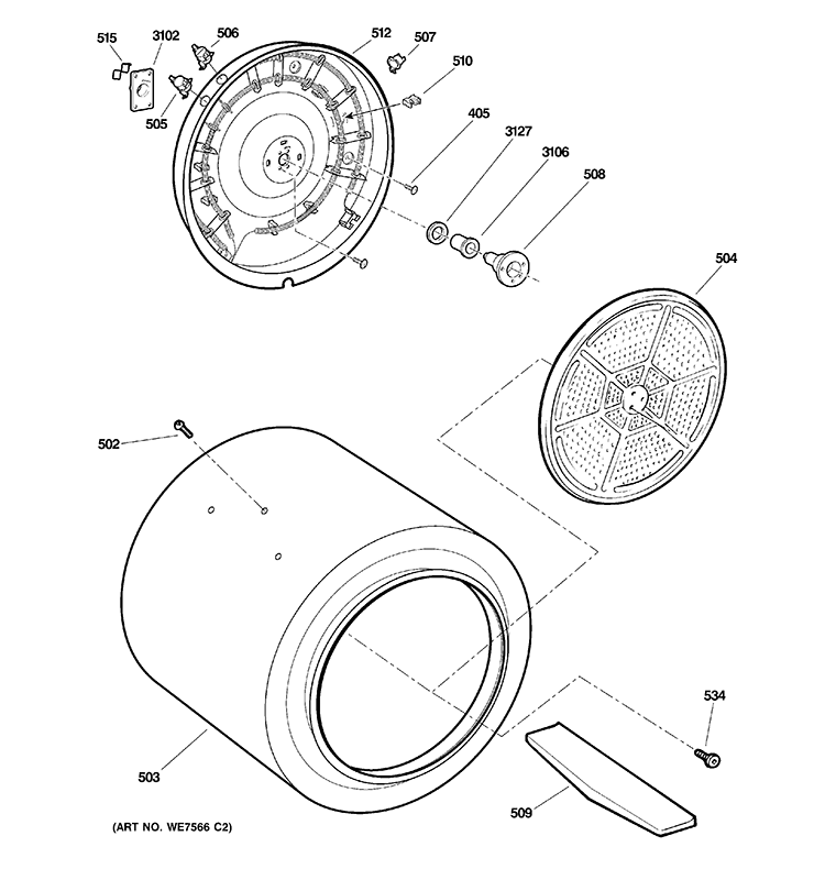 DRUM Diagram and Parts List for DCCB330EJ1WC  General Electric Dryer
