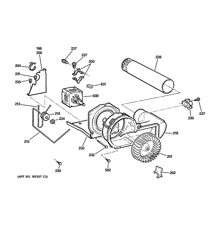 BLOWER & DRIVE ASSEMBLY Diagram and Parts List for DCCB330EJ1WC  General Electric Dryer