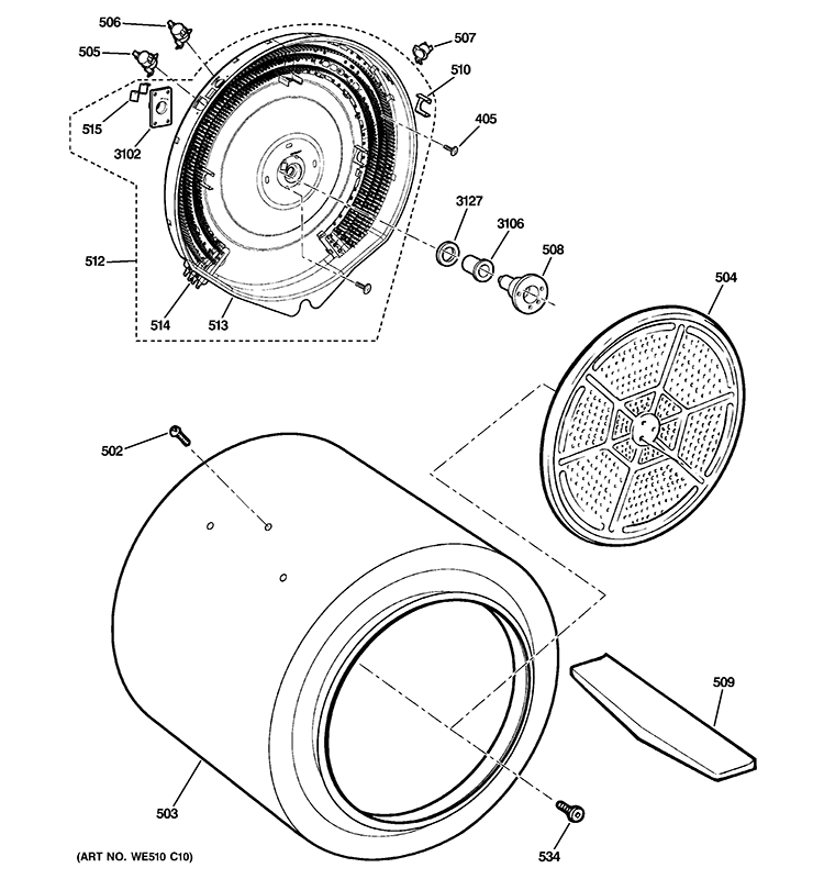 DRUM Diagram and Parts List for DISR473DGBWW  General Electric Dryer