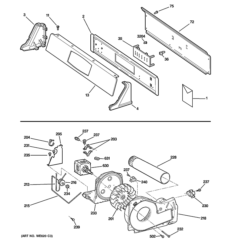 BACKSPLASH, BLOWER & MOTOR ASSEMBLY Diagram and Parts List for DNCD450EG9WC  General Electric Dryer
