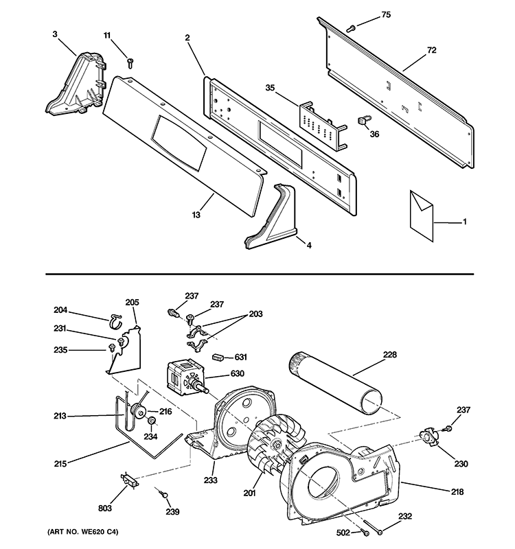 BACKSPLASH, BLOWER & MOTOR ASSEMBLY Diagram and Parts List for DNCD450GGAWC  General Electric Dryer