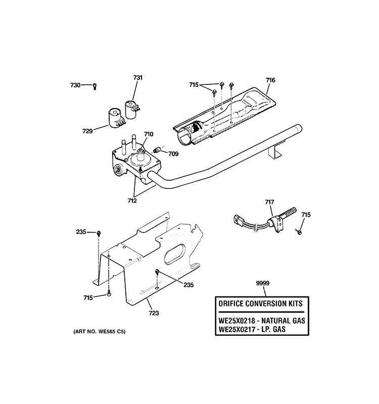 GAS VALVE & BURNER ASSEMBLY Diagram and Parts List for DNCD450GGAWC  General Electric Dryer