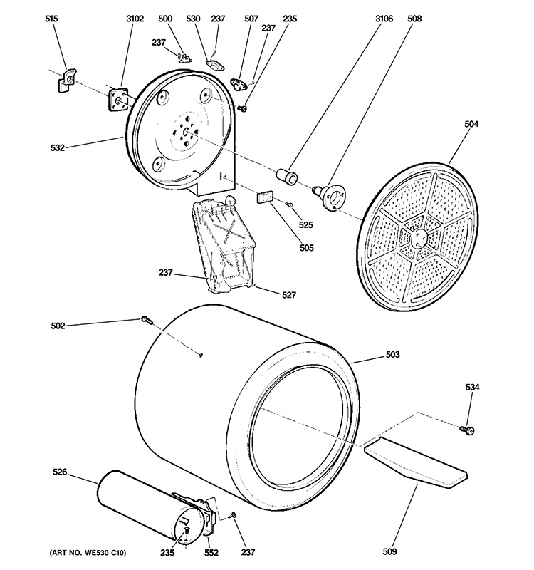 DRUM Diagram and Parts List for GRDN510GM2WS  General Electric Dryer