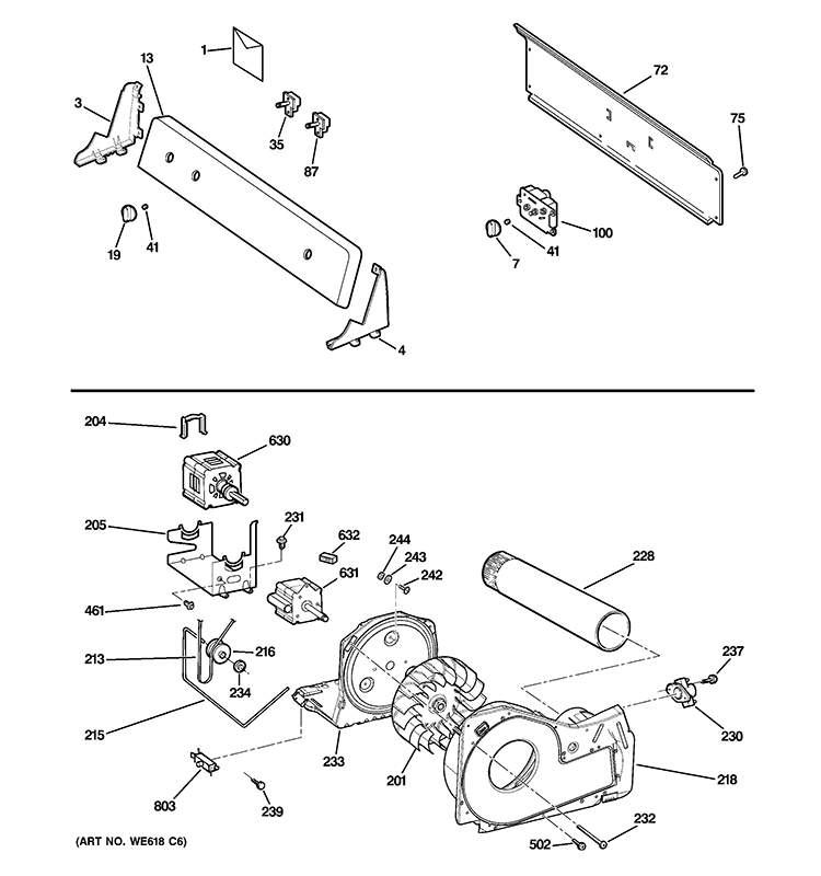BACKSPLASH, BLOWER & MOTOR ASSEMBLY Diagram and Parts List for GTDL200GM2WW  General Electric Dryer