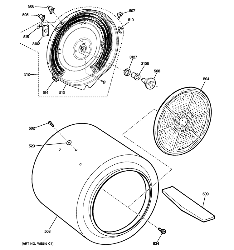 DRUM Diagram and Parts List for GTDL310EM2WS  General Electric Dryer