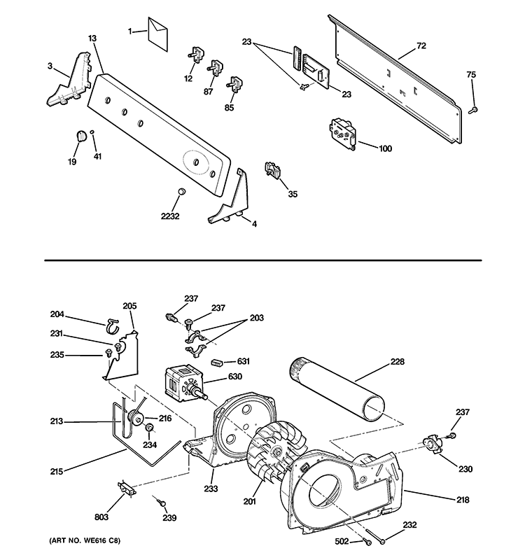 BACKSPLASH, BLOWER & MOTOR ASSEMBLY Diagram and Parts List for GTDN500GM2WS  General Electric Dryer
