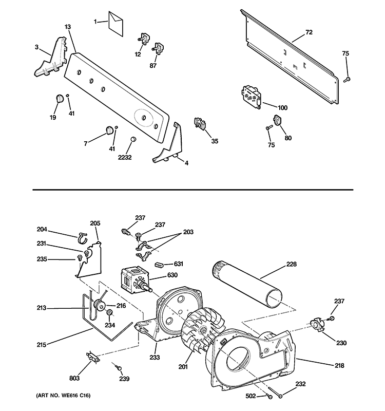 BACKSPLASH, BLOWER & MOTOR ASSEMBLY Diagram and Parts List for GTDP200EM2WW  General Electric Dryer