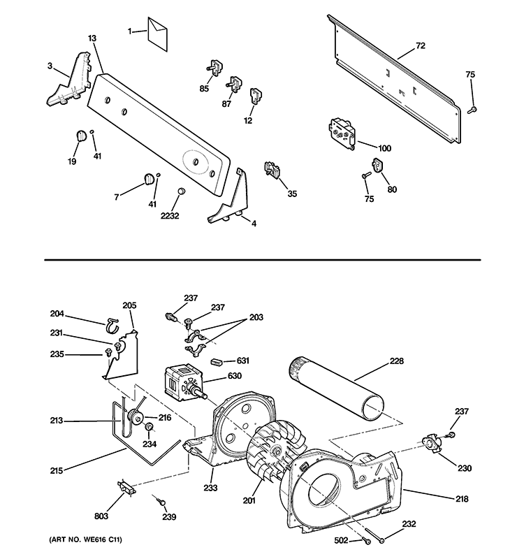 BACKSPLASH, BLOWER & MOTOR ASSEMBLY Diagram and Parts List for GTDP300EM2WS  General Electric Dryer