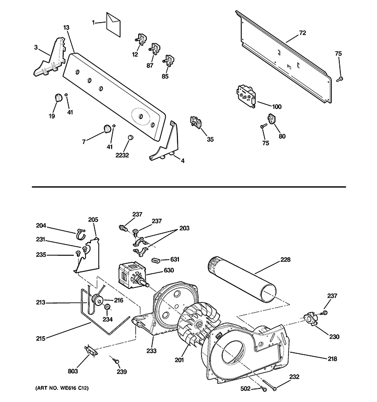BACKSPLASH, BLOWER & MOTOR ASSEMBLY Diagram and Parts List for GTDP350EM2WS  General Electric Dryer