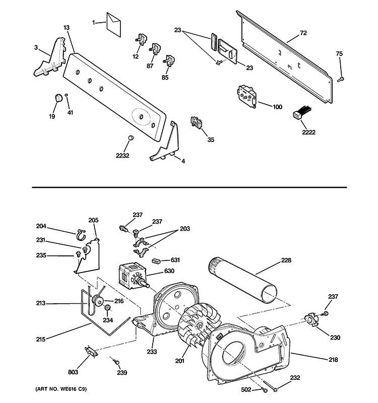 BACKSPLASH, BLOWER & MOTOR ASSEMBLY Diagram and Parts List for PTDN600GM2WT  General Electric Dryer