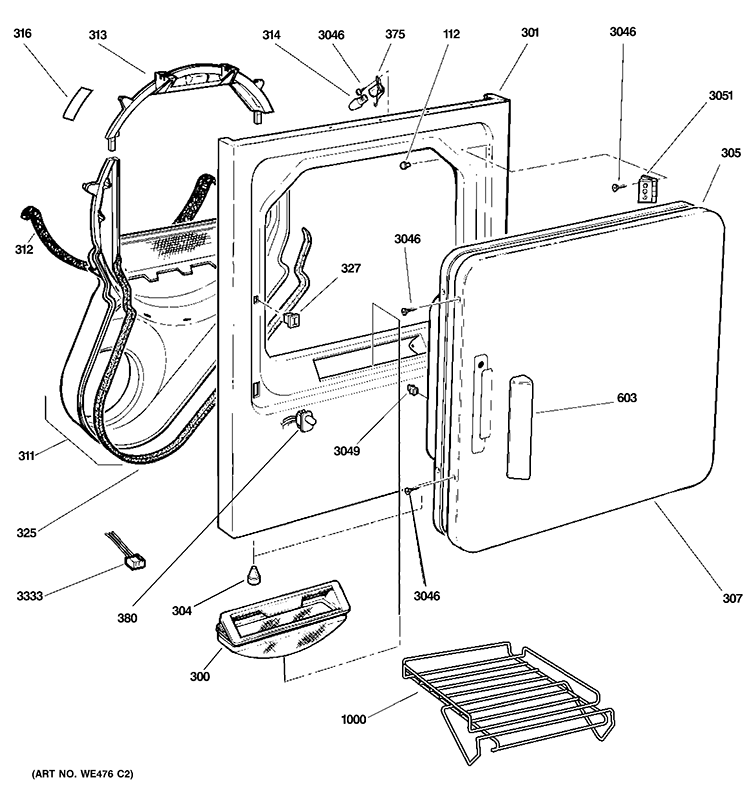 FRONT PANEL & DOOR Diagram and Parts List for PTDS650GM2WT  General Electric Dryer