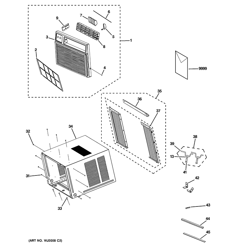 GRILLE & CHASSIS PARTS Diagram and Parts List for AEE12DQW1  General Electric Air Conditioner