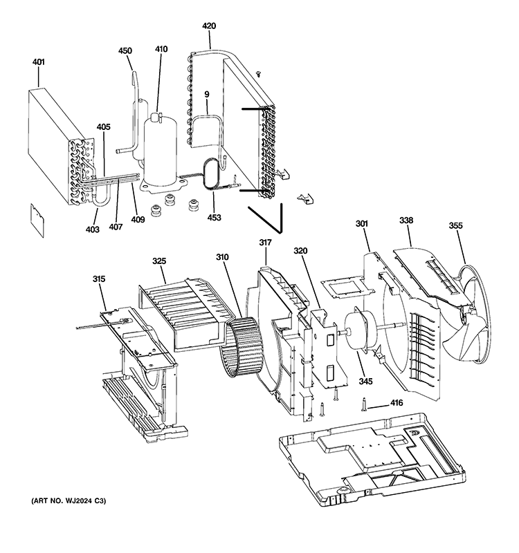 BASE PAN & UNIT PARTS Diagram and Parts List for AHH18DQT1  General Electric Air Conditioner
