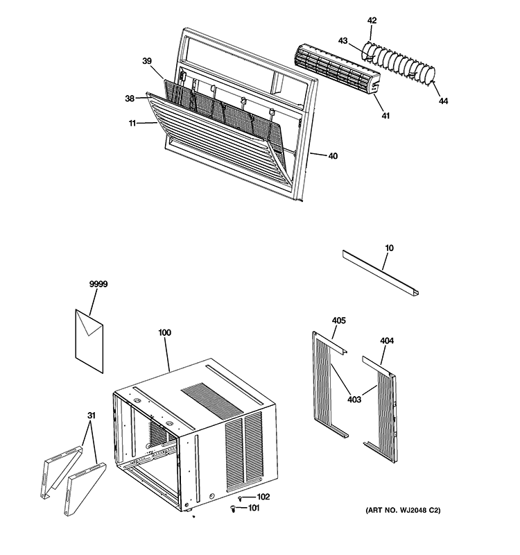 GRILLE & CHASSIS PARTS Diagram and Parts List for AHH24DQH1  General Electric Air Conditioner