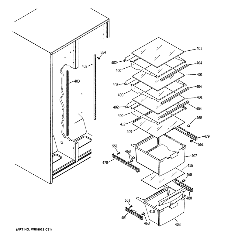 FRESH FOOD SHELVES Diagram and Parts List for GSH22JGCCBB  General Electric Refrigerator
