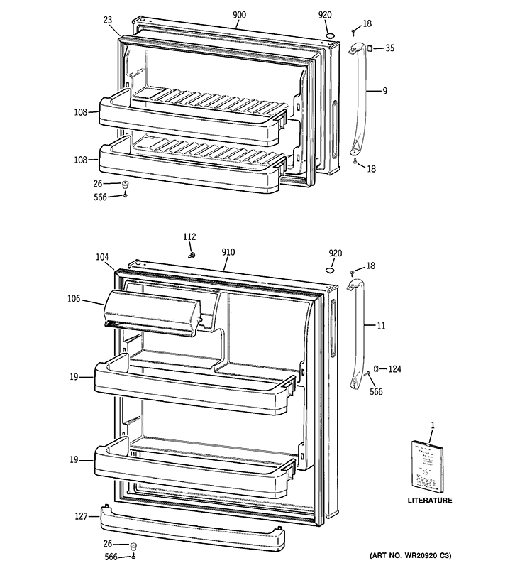 DOORS Diagram and Parts List for GTH18GCD4RCC  General Electric Refrigerator