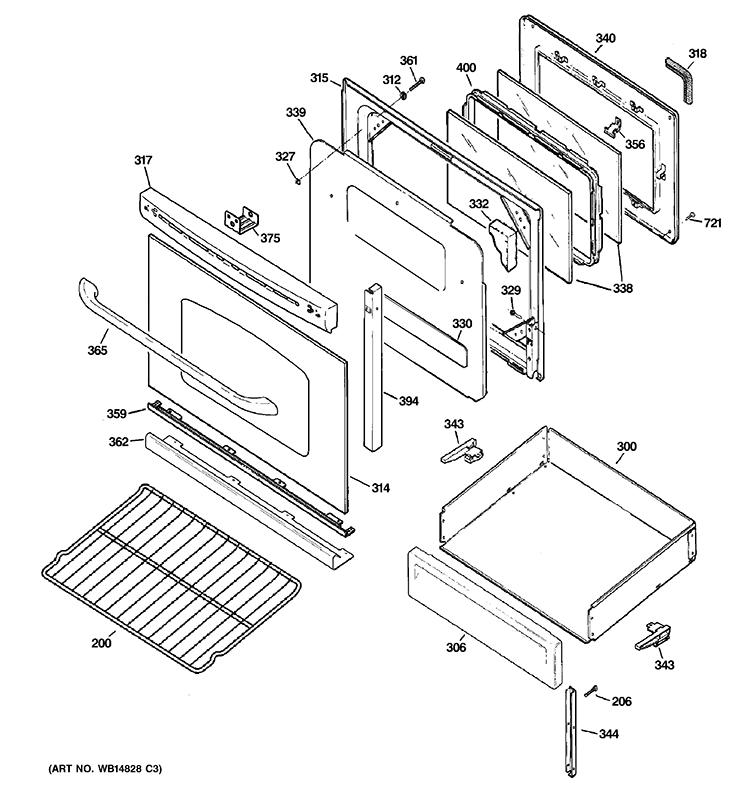 DOOR & DRAWER PARTS Diagram and Parts List for JGB500DEP4BB  General Electric Range