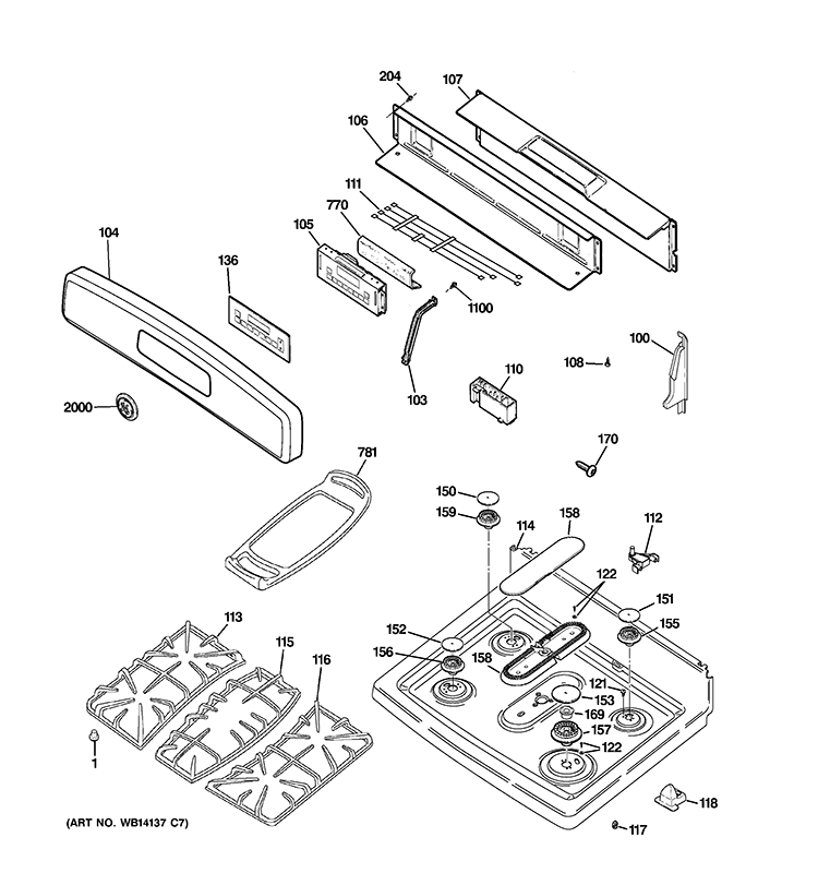 CONTROL PANEL & COOKTOP Diagram and Parts List for JGB605DET2BB  General Electric Range