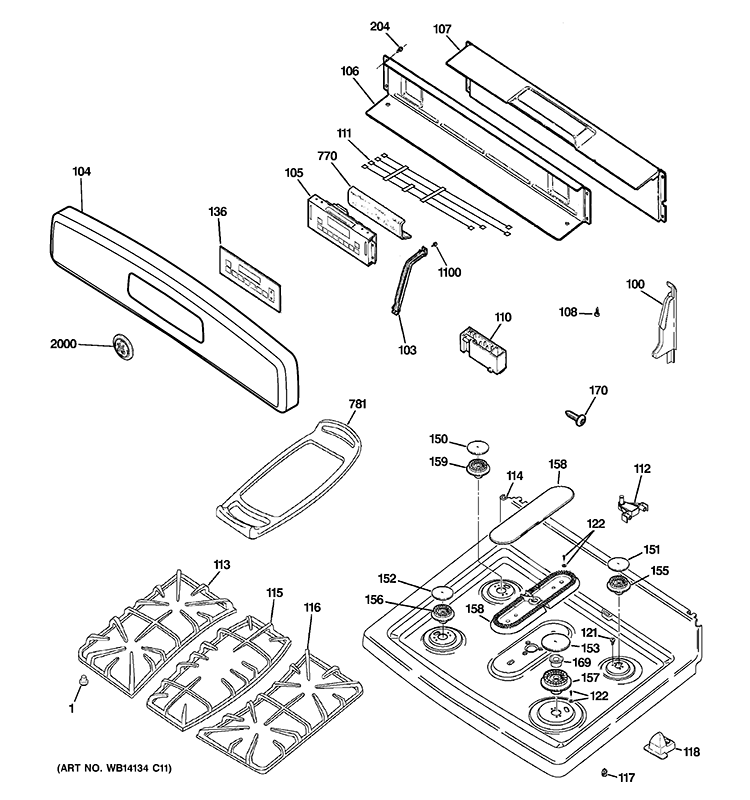 CONTROL PANEL & COOKTOP Diagram and Parts List for JGB605SET2SS  General Electric Range