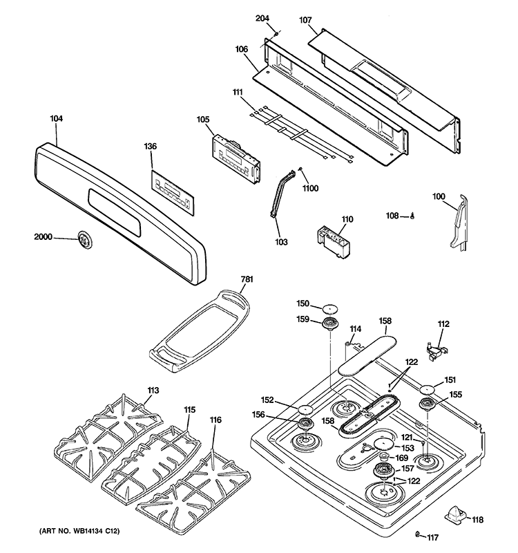 CONTROL PANEL & COOKTOP Diagram and Parts List for JGB840SET2SS  General Electric Range