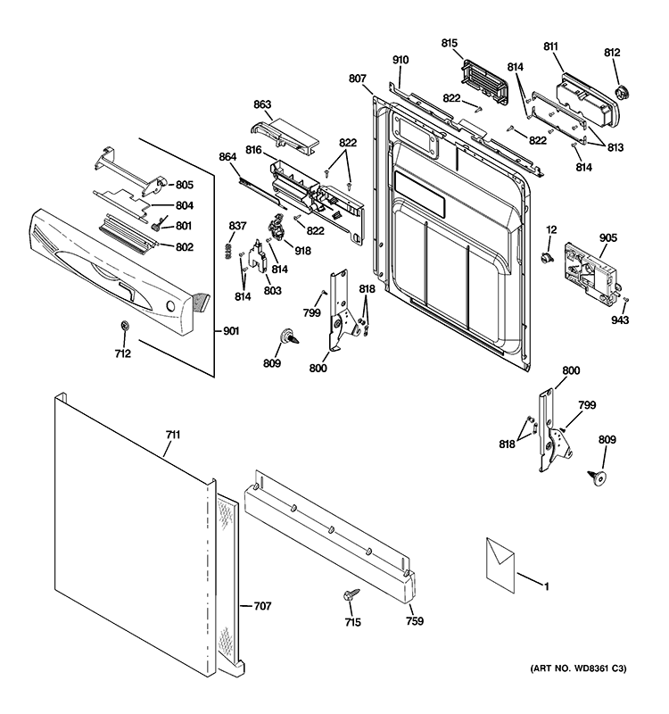 ESCUTCHEON & DOOR ASSEMBLY Diagram and Parts List for GDWF100V40WW  General Electric Dishwasher