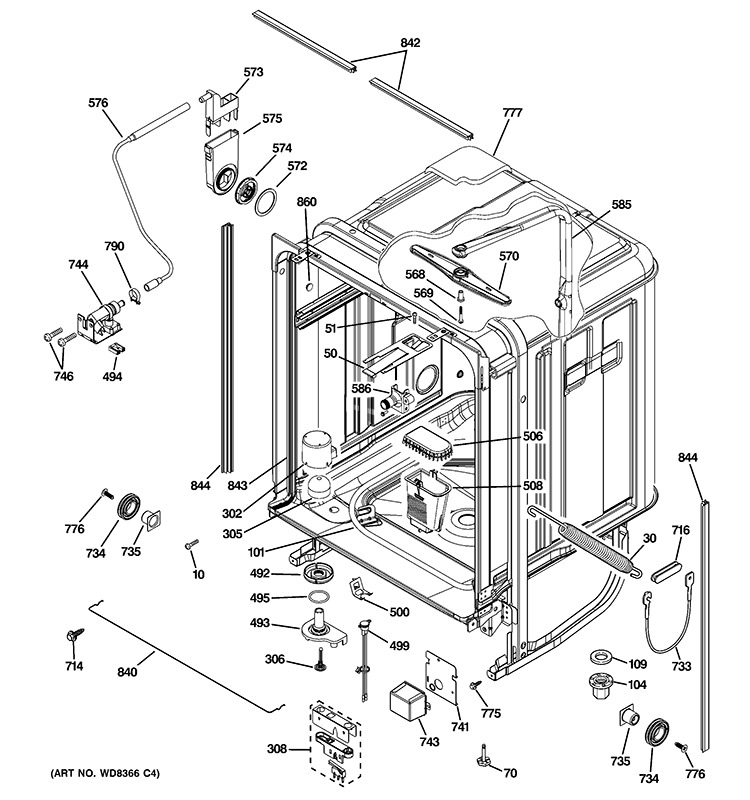 BODY PARTS Diagram and Parts List for GDWF100V40WW  General Electric Dishwasher