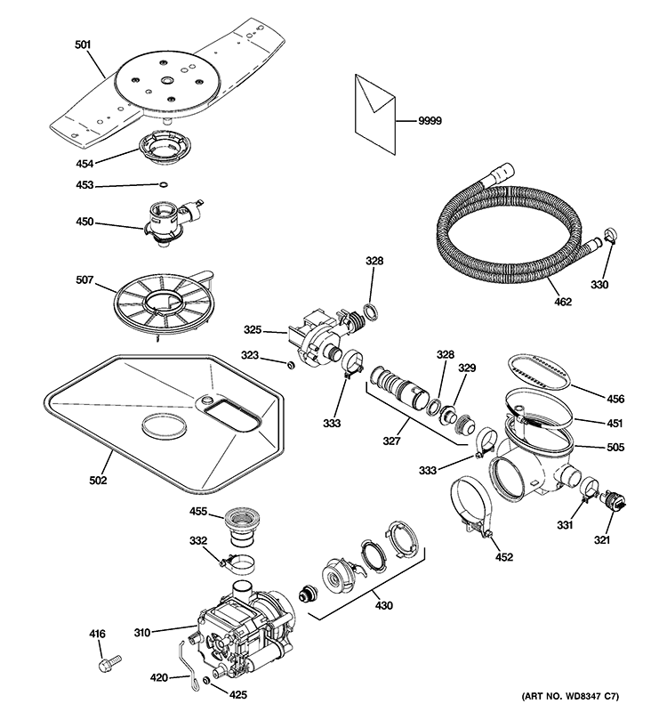MOTOR-PUMP MECHANISM Diagram and Parts List for GDWF100V40WW  General Electric Dishwasher