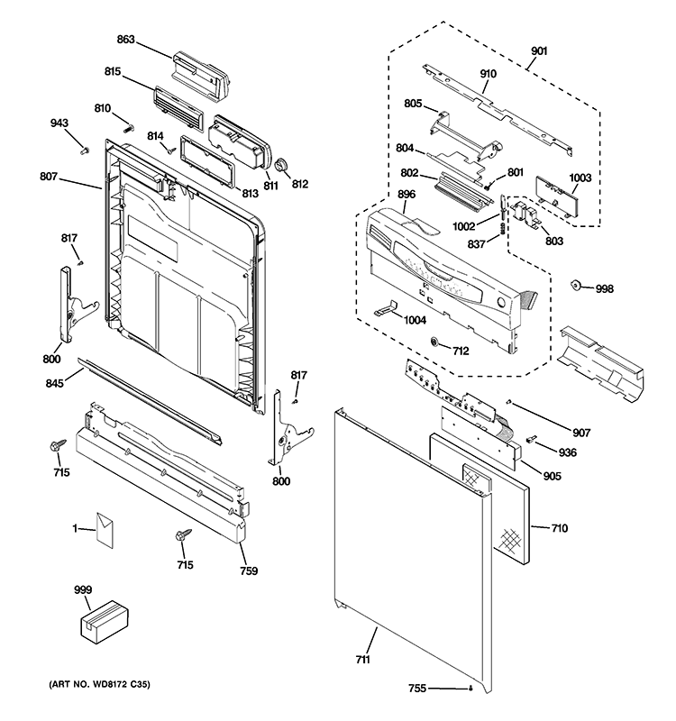 ESCUTCHEON & DOOR ASSEMBLY Diagram and Parts List for GLD4550V00CS  General Electric Dishwasher