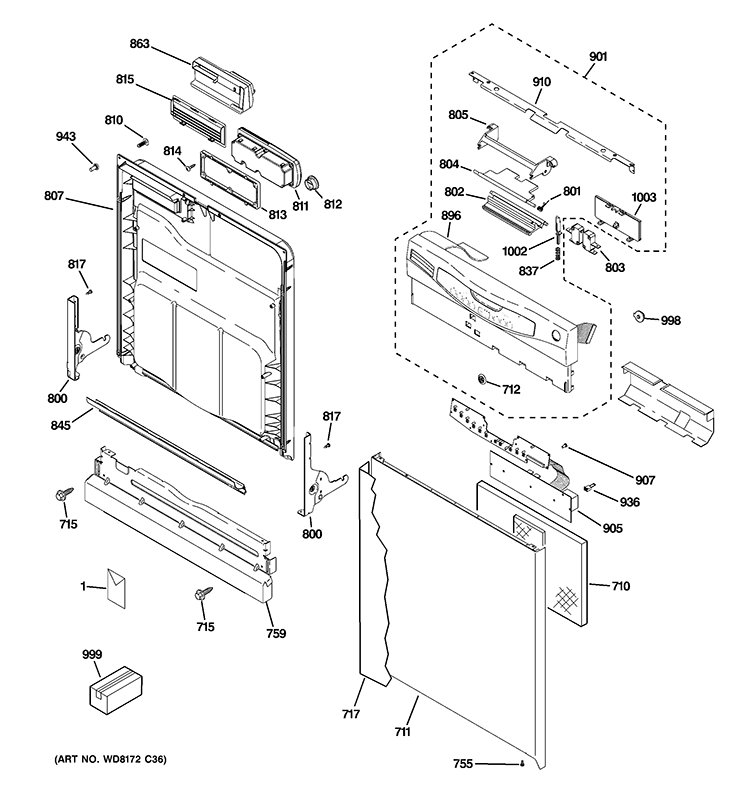 ESCUTCHEON & DOOR ASSEMBLY Diagram and Parts List for GLD4560V00SS  General Electric Dishwasher