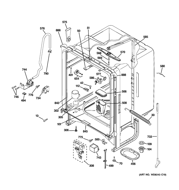BODY PARTS Diagram and Parts List for GLD4644V00SA  General Electric Dishwasher
