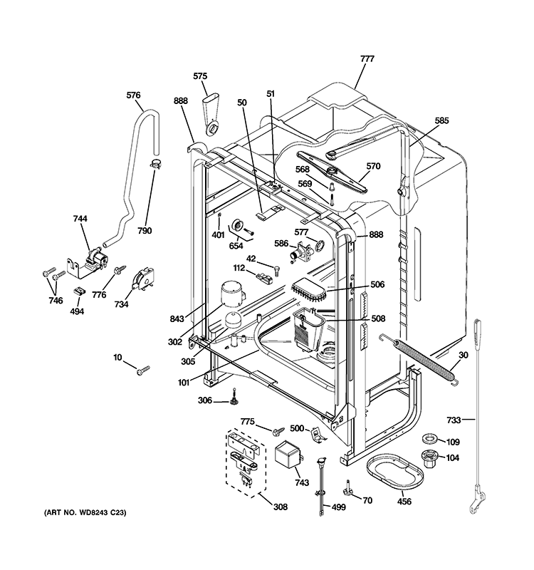 BODY PARTS Diagram and Parts List for GLD5604V00WW  General Electric Dishwasher