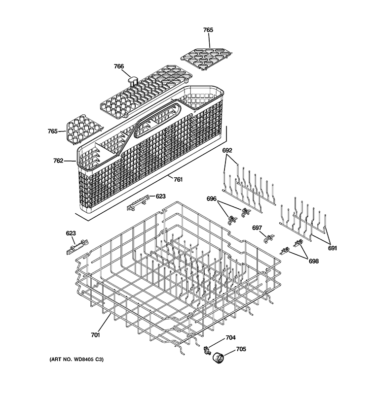 LOWER RACK ASSEMBLY Diagram and Parts List for GLD5604V00WW  General Electric Dishwasher