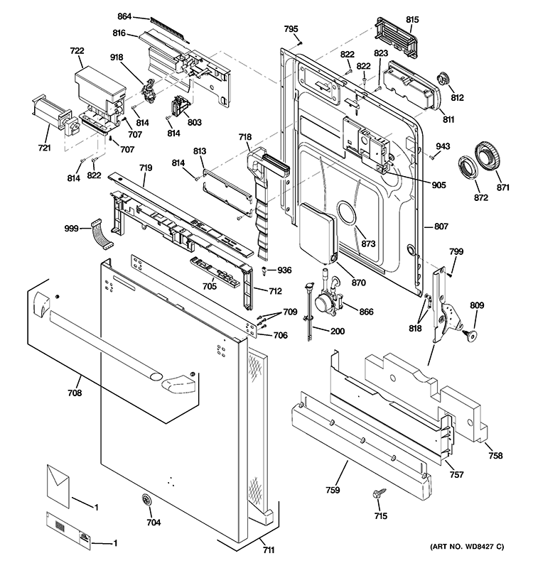 ESCUTCHEON & DOOR ASSEMBLY Diagram and Parts List for CDWT980V05SS  General Electric Dishwasher