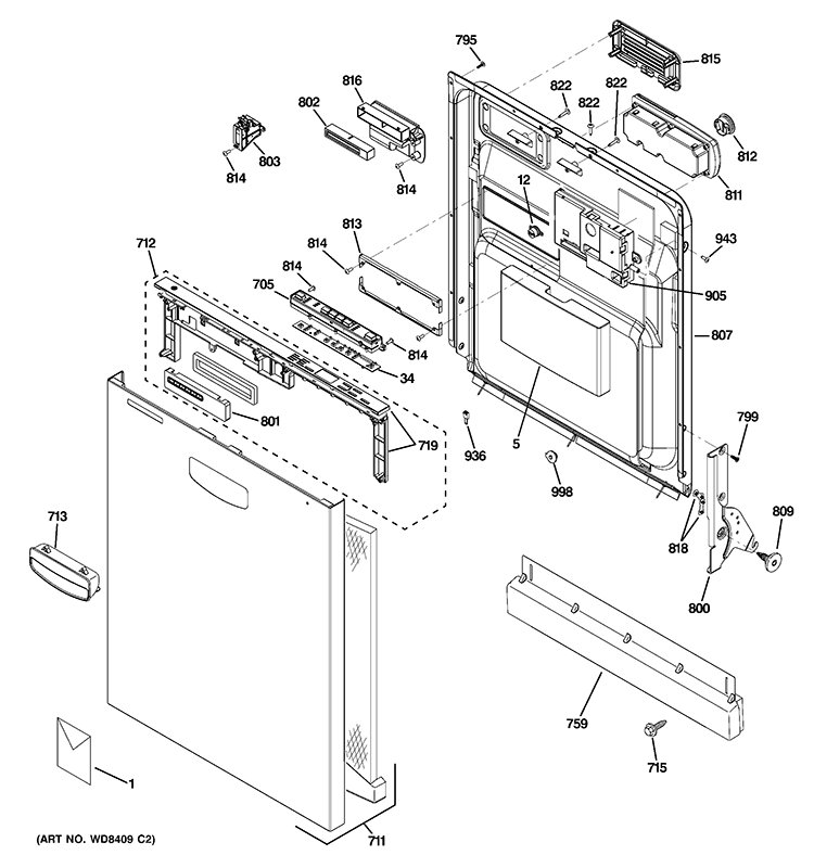 ESCUTCHEON & DOOR ASSEMBLY Diagram and Parts List for GDWT166V00SS  General Electric Dishwasher