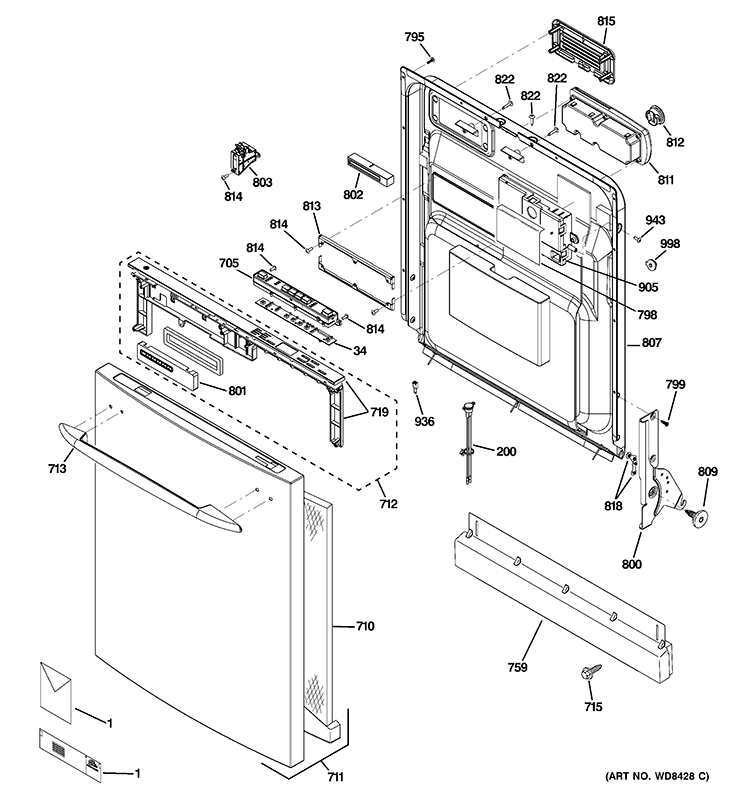 ESCUTCHEON & DOOR ASSEMBLY Diagram and Parts List for PDW7800V00BB  General Electric Dishwasher