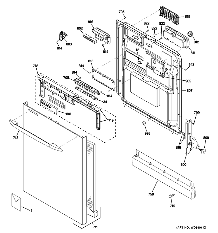 ESCUTCHEON & DOOR ASSEMBLY Diagram and Parts List for PDWT100V00BB  General Electric Dishwasher