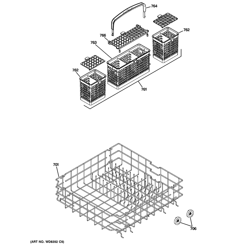 LOWER RACK ASSEMBLY Diagram and Parts List for PDWT100V00BB  General Electric Dishwasher