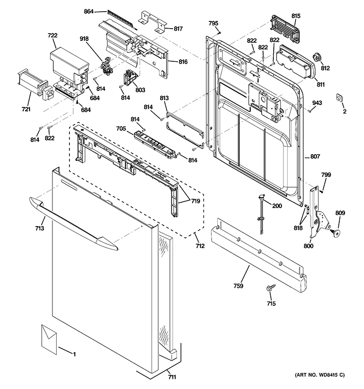 ESCUTCHEON & DOOR ASSEMBLY Diagram and Parts List for PDWT280V00SS  General Electric Dishwasher