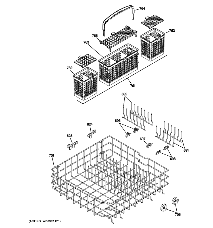 LOWER RACK ASSEMBLY Diagram and Parts List for PDWT380V00SS  General Electric Dishwasher